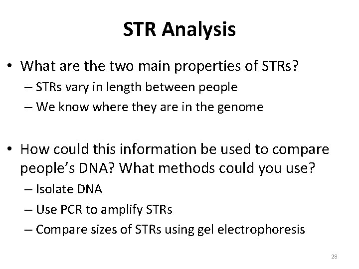 STR Analysis • What are the two main properties of STRs? – STRs vary