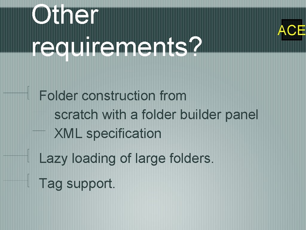 Other requirements? Folder construction from scratch with a folder builder panel XML specification Lazy