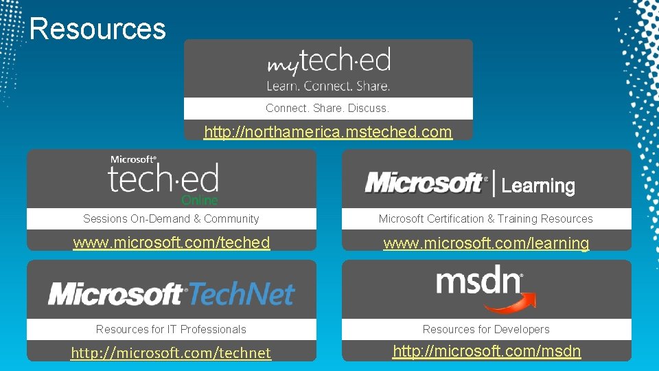Resources Connect. Share. Discuss. http: //northamerica. msteched. com Sessions On-Demand & Community Microsoft Certification