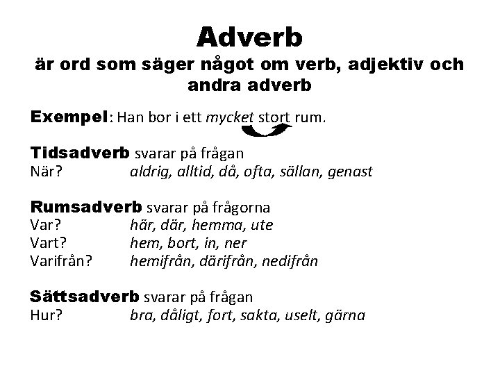 Adverb är ord som säger något om verb, adjektiv och andra adverb Exempel: Han