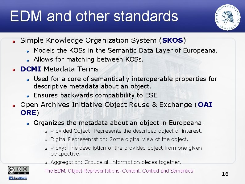 EDM and other standards Simple Knowledge Organization System (SKOS) Models the KOSs in the