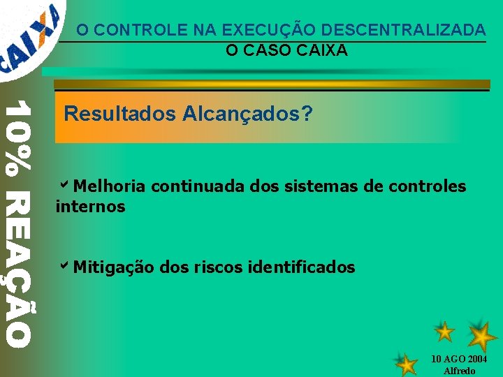 O CONTROLE NA EXECUÇÃO DESCENTRALIZADA O CASO CAIXA Resultados Alcançados? a. Melhoria continuada dos