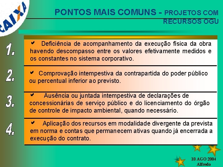 PONTOS MAIS COMUNS - PROJETOS COM RECURSOS OGU Deficiência de acompanhamento da execução física