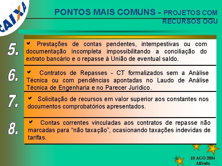 PONTOS MAIS COMUNS - PROJETOS COM RECURSOS OGU Prestações de contas pendentes, intempestivas ou