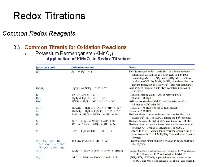 Redox Titrations Common Redox Reagents 3. ) Common Titrants for Oxidation Reactions Ø Potassium