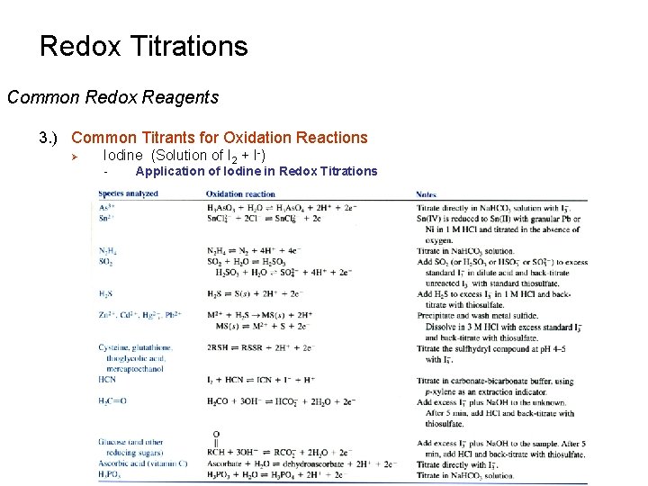 Redox Titrations Common Redox Reagents 3. ) Common Titrants for Oxidation Reactions Ø Iodine