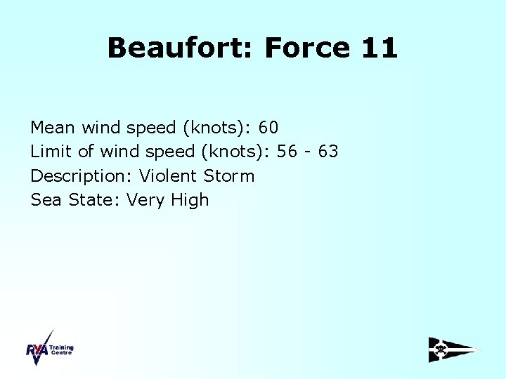 Beaufort: Force 11 Mean wind speed (knots): 60 Limit of wind speed (knots): 56