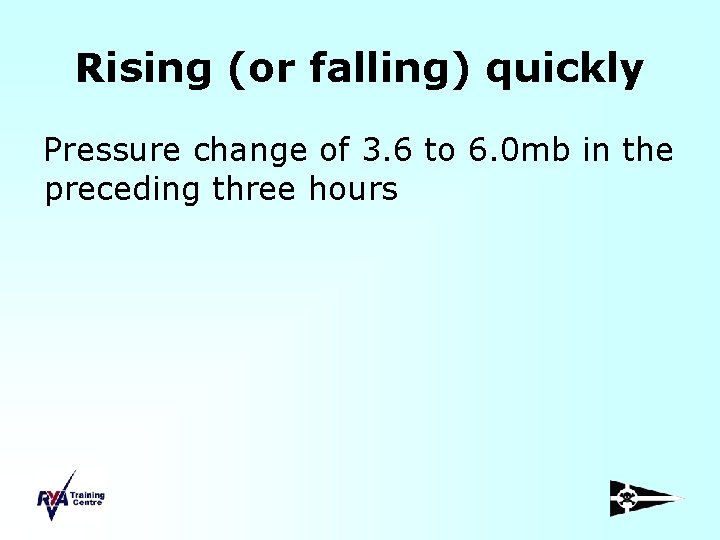 Rising (or falling) quickly Pressure change of 3. 6 to 6. 0 mb in