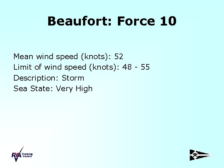 Beaufort: Force 10 Mean wind speed (knots): 52 Limit of wind speed (knots): 48