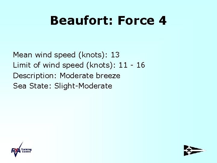 Beaufort: Force 4 Mean wind speed (knots): 13 Limit of wind speed (knots): 11