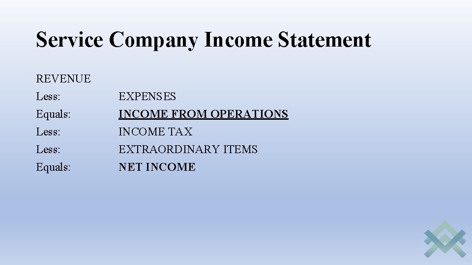 Service Company Income Statement REVENUE Less: Equals: EXPENSES INCOME FROM OPERATIONS INCOME TAX EXTRAORDINARY