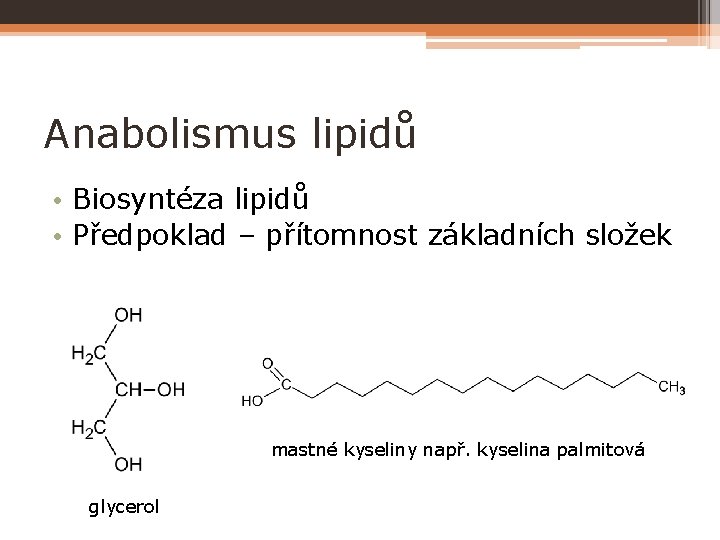 Anabolismus lipidů • Biosyntéza lipidů • Předpoklad – přítomnost základních složek mastné kyseliny např.