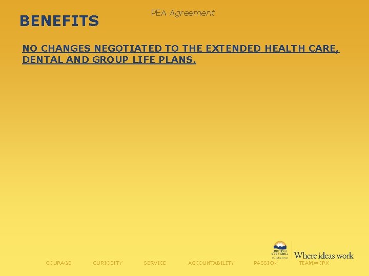 BENEFITS PEA Agreement NO CHANGES NEGOTIATED TO THE EXTENDED HEALTH CARE, DENTAL AND GROUP