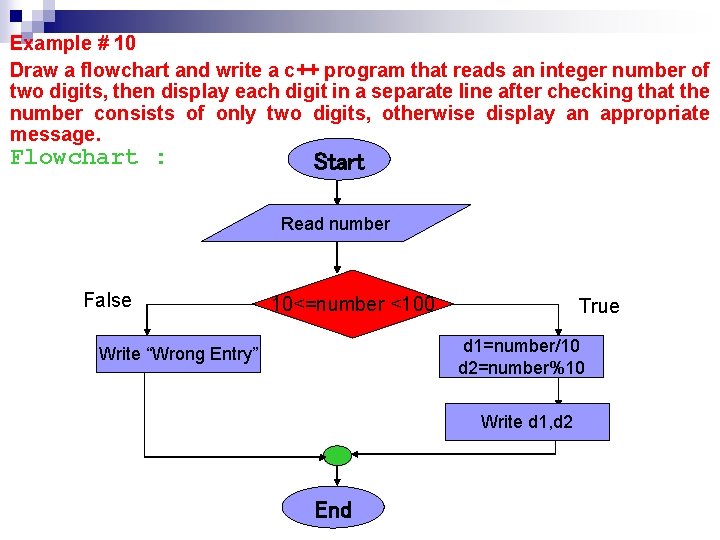 Example # 10 Draw a flowchart and write a c++ program that reads an