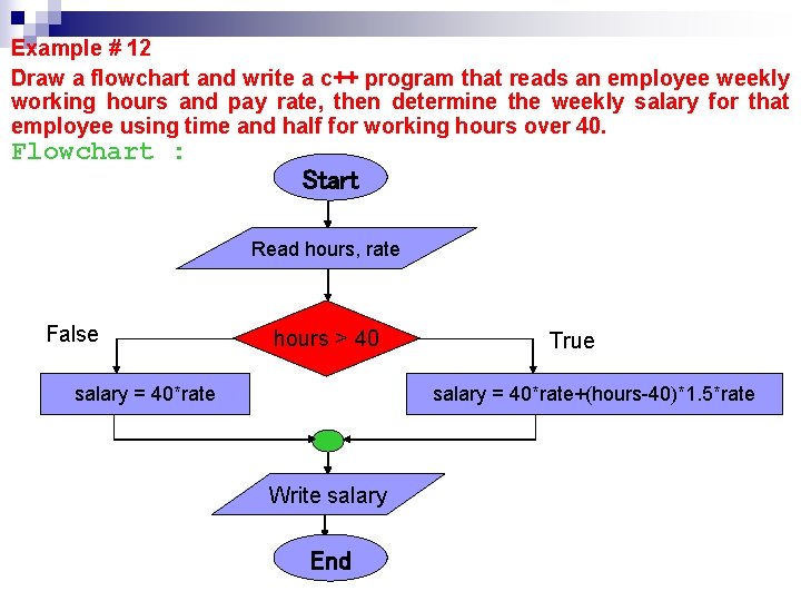 Example # 12 Draw a flowchart and write a c++ program that reads an