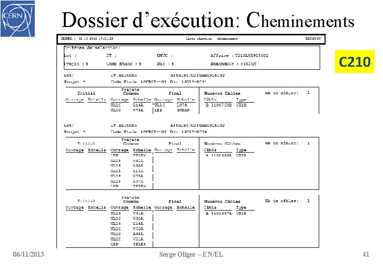 Dossier d’exécution: Cheminements C 210 06/11/2013 Serge Oliger – EN/EL 41 