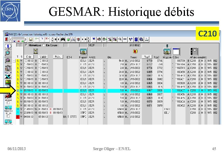 GESMAR: Historique débits C 210 06/11/2013 Serge Oliger – EN/EL 45 
