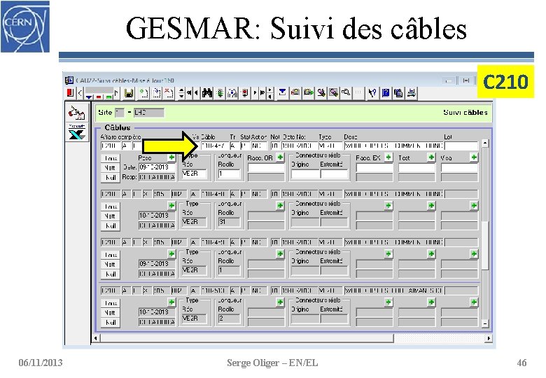 GESMAR: Suivi des câbles C 210 06/11/2013 Serge Oliger – EN/EL 46 