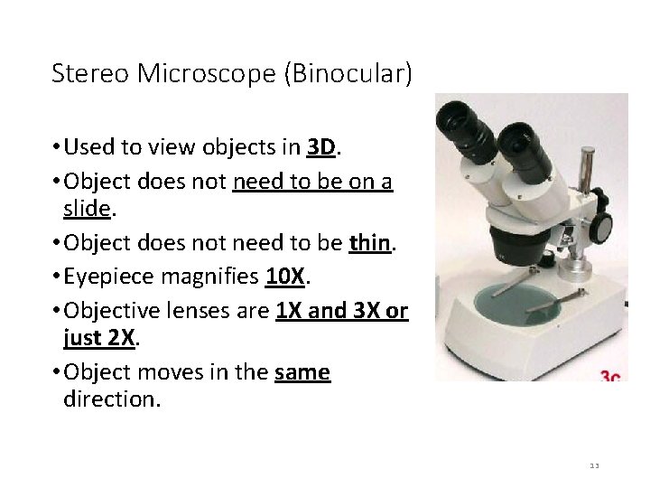 Stereo Microscope (Binocular) • Used to view objects in 3 D. • Object does