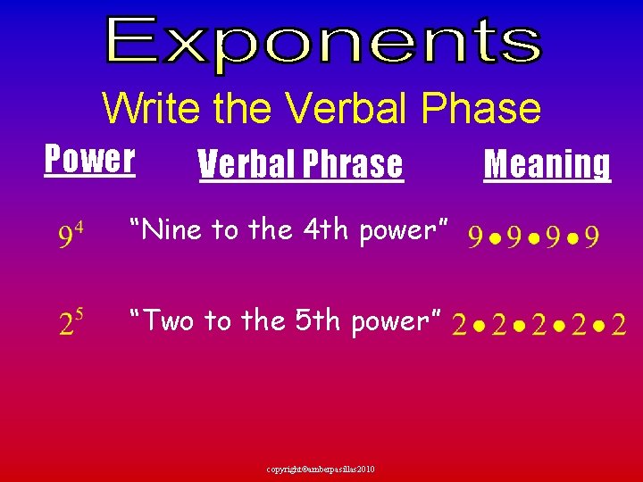 Write the Verbal Phase Power Verbal Phrase “Nine to the 4 th power” “Two