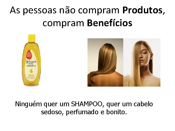 As pessoas não compram Produtos, compram Benefícios Ninguém quer um SHAMPOO, quer um cabelo