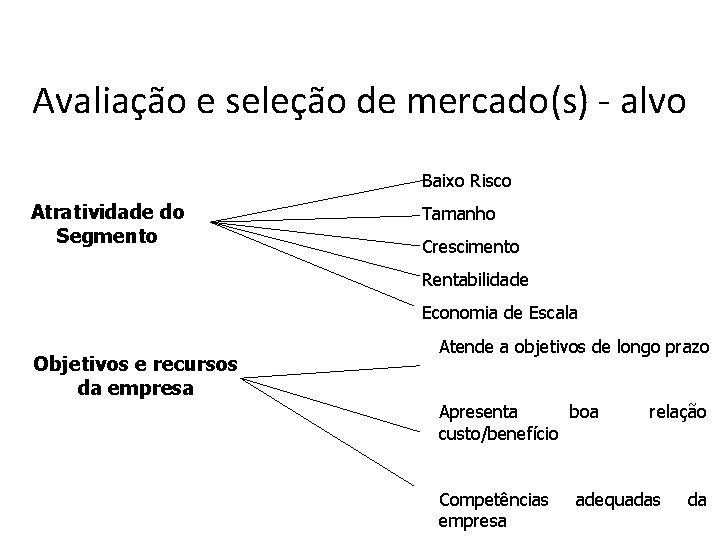 Avaliação e seleção de mercado(s) - alvo Baixo Risco Atratividade do Segmento Tamanho Crescimento