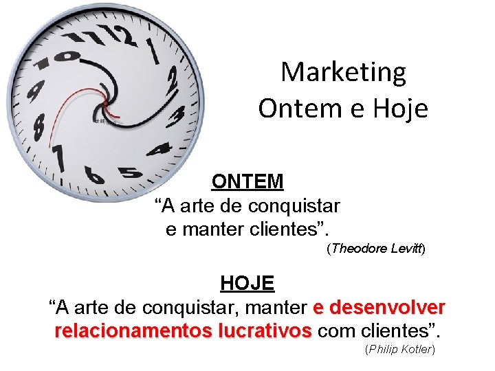 Marketing Ontem e Hoje ONTEM “A arte de conquistar e manter clientes”. (Theodore Levitt)