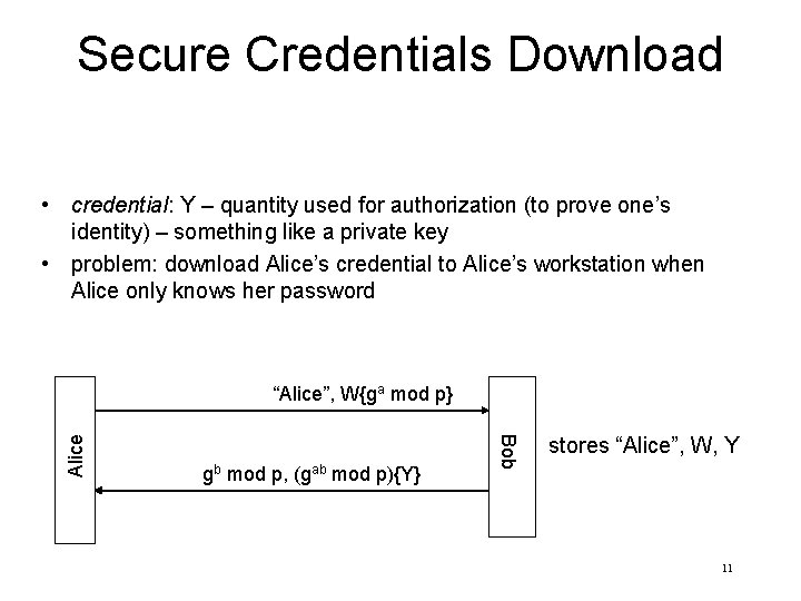 Secure Credentials Download • credential: Y – quantity used for authorization (to prove one’s