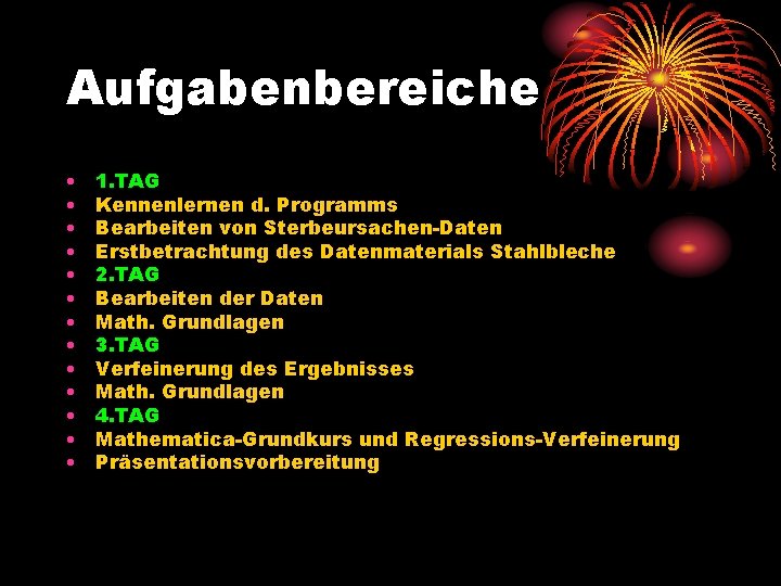 Aufgabenbereiche • • • • 1. TAG Kennenlernen d. Programms Bearbeiten von Sterbeursachen-Daten Erstbetrachtung