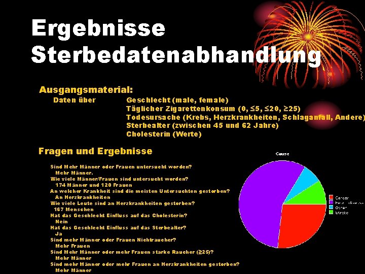 Ergebnisse Sterbedatenabhandlung Ausgangsmaterial: Daten über Geschlecht (male, female) Täglicher Zigarettenkonsum (0, ≤ 5, ≤