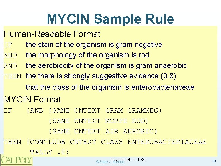 MYCIN Sample Rule Human-Readable Format IF AND THEN the stain of the organism is
