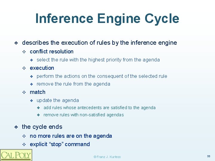 Inference Engine Cycle ❖ describes the execution of rules by the inference engine v