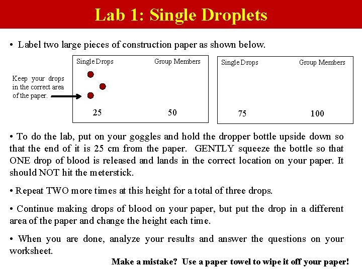 Lab 1: Single Droplets • Label two large pieces of construction paper as shown