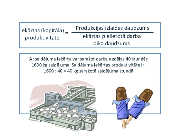 Iekārtas (kapitāla) = produktivitāte Produkcijas izlaides daudzums Iekārtas pielietotā darba laika daudzums Ar saldējuma