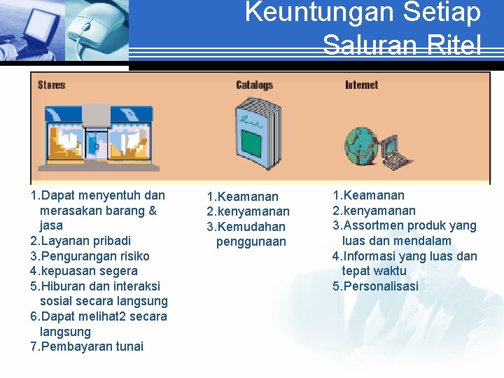 Keuntungan Setiap Saluran Ritel 1. Dapat menyentuh dan merasakan barang & jasa 2. Layanan