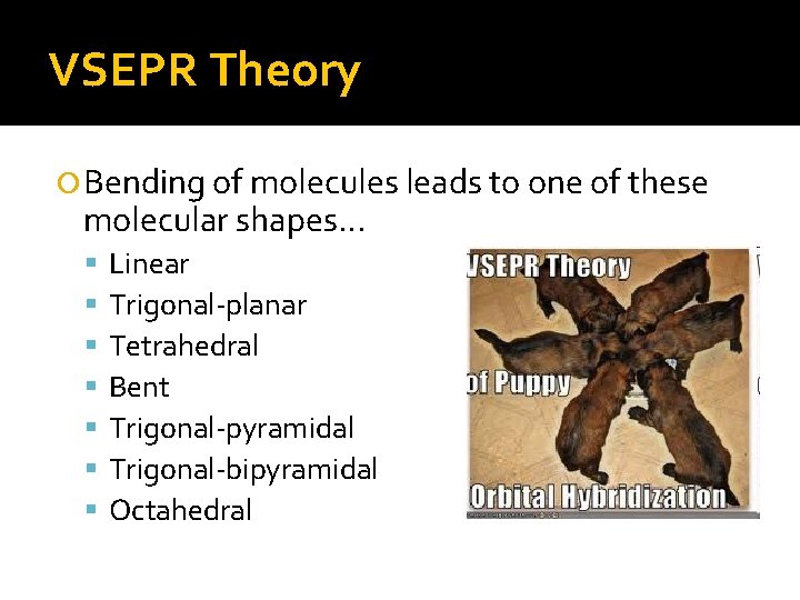 VSEPR Theory Bending of molecules leads to one of these molecular shapes… Linear Trigonal-planar