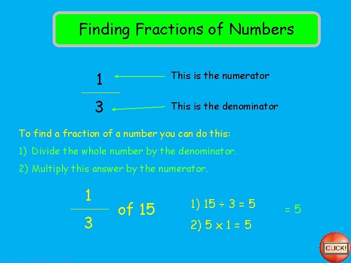 Finding Fractions of Numbers 1 This is the numerator 3 This is the denominator