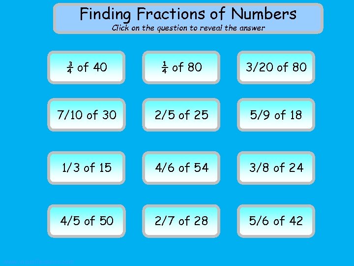 Finding Fractions of Numbers Click on the question to reveal the answer 3040 ¾