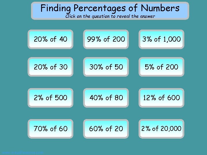 Finding Percentages of Numbers Click on the question to reveal the answer 8 40 Finding Percentages of Numbers Click on the question to reveal the answer 8 40