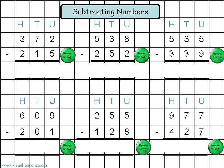Subtracting Numbers - - H T U 3 7 2 5 3 8 5