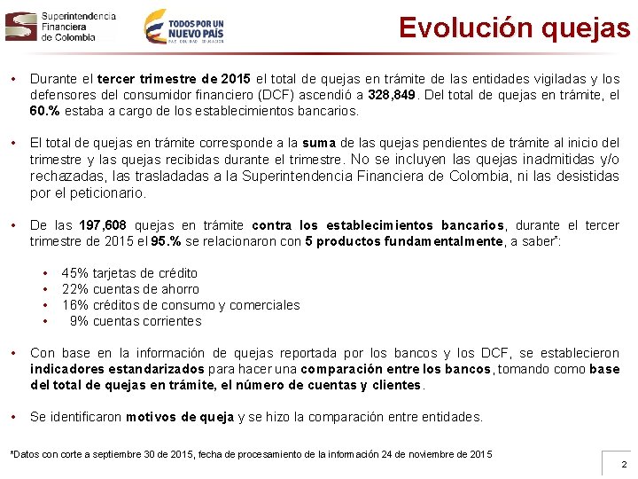 Evolución quejas • Durante el tercer trimestre de 2015 el total de quejas en