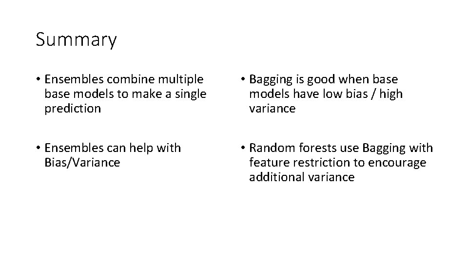 Summary • Ensembles combine multiple base models to make a single prediction • Bagging