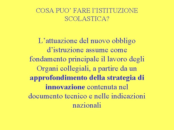 COSA PUO’ FARE l’ISTITUZIONE SCOLASTICA? L’attuazione del nuovo obbligo d’istruzione assume come fondamento principale