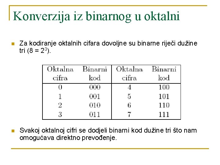 Konverzija iz binarnog u oktalni n Za kodiranje oktalnih cifara dovoljne su binarne riječi