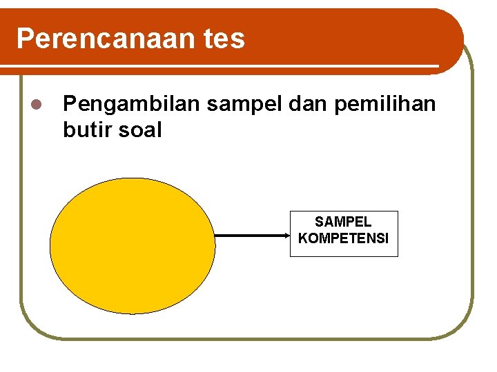 Perencanaan tes l Pengambilan sampel dan pemilihan butir soal SAMPEL KOMPETENSI 