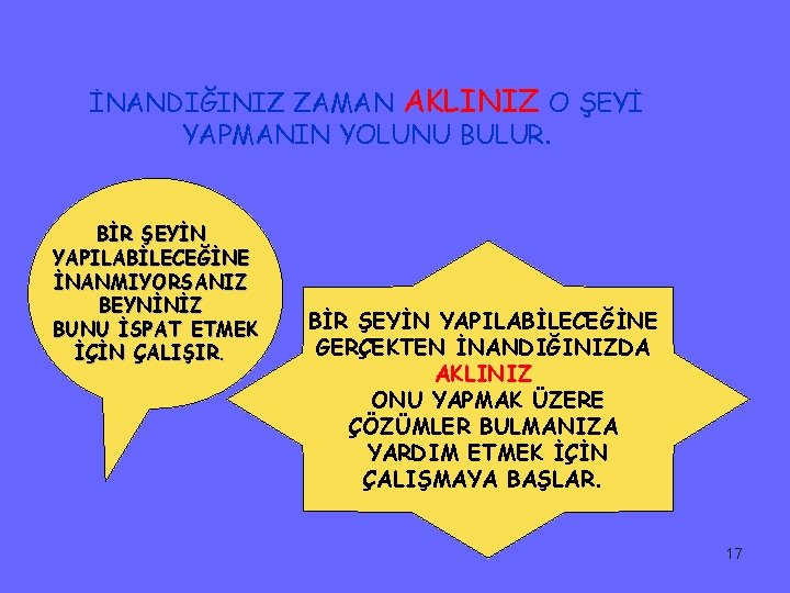 İNANDIĞINIZ ZAMAN AKLINIZ O ŞEYİ YAPMANIN YOLUNU BULUR. BİR ŞEYİN YAPILABİLECEĞİNE İNANMIYORSANIZ BEYNİNİZ BUNU