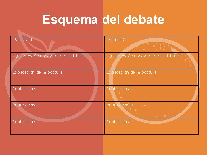 Esquema del debate Postura 1 Postura 2 ¿Quién está en este lado del debate?