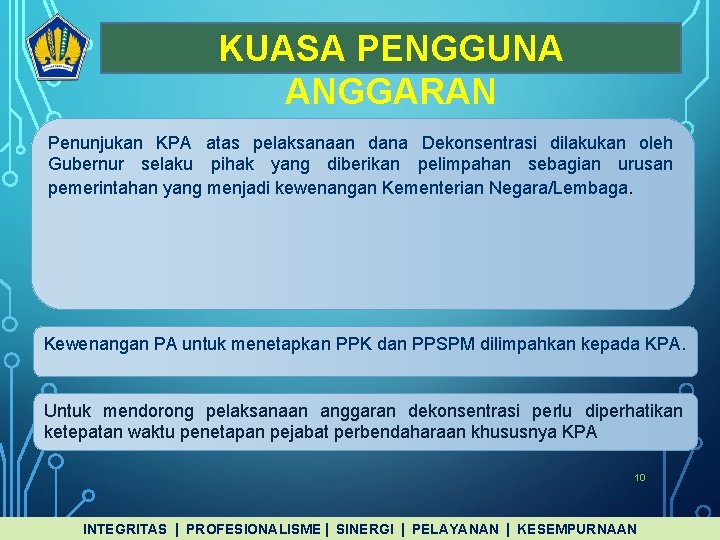 KUASA PENGGUNA ANGGARAN Penunjukan KPA atas pelaksanaan dana Dekonsentrasi dilakukan oleh Gubernur selaku pihak