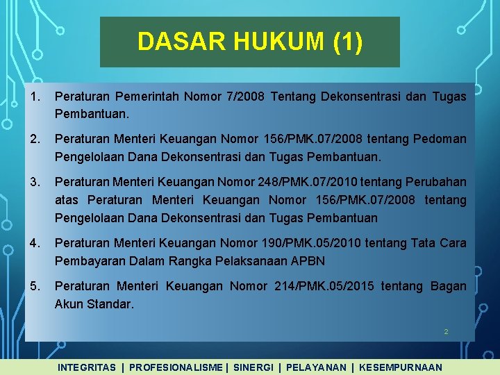 DASAR HUKUM (1) 1. Peraturan Pemerintah Nomor 7/2008 Tentang Dekonsentrasi dan Tugas Pembantuan. 2.