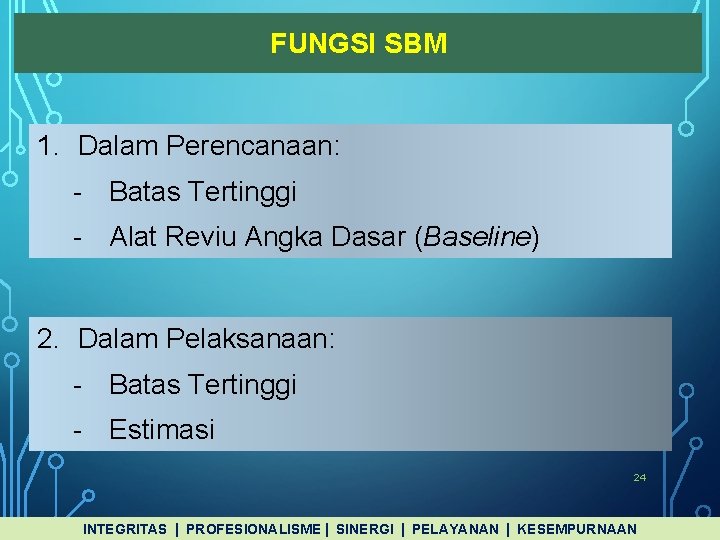 FUNGSI SBM 1. Dalam Perencanaan: - Batas Tertinggi - Alat Reviu Angka Dasar (Baseline)